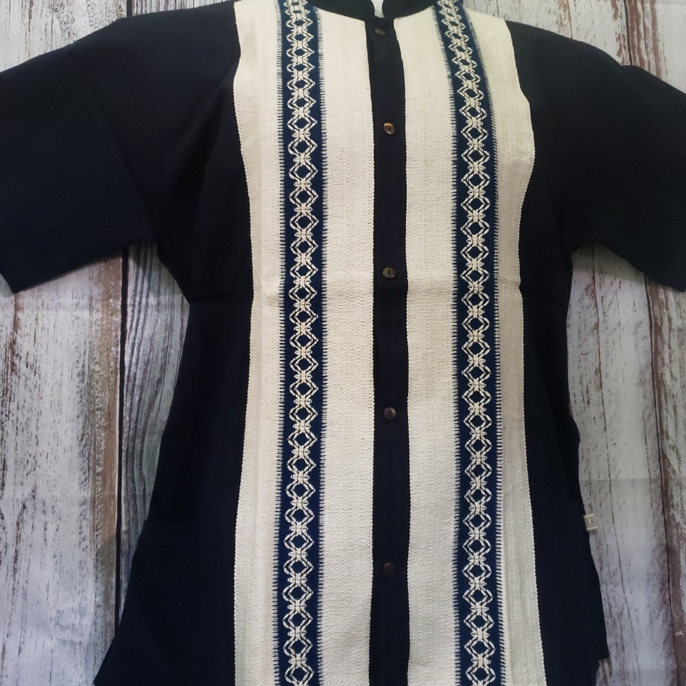Mexican Guayabera Shirt Model Malla Navy